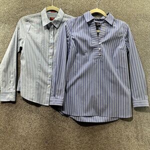 Talbots Button Up Blouse Top Lot Of 2 Women 2P Blue Striped Office Career Cotton